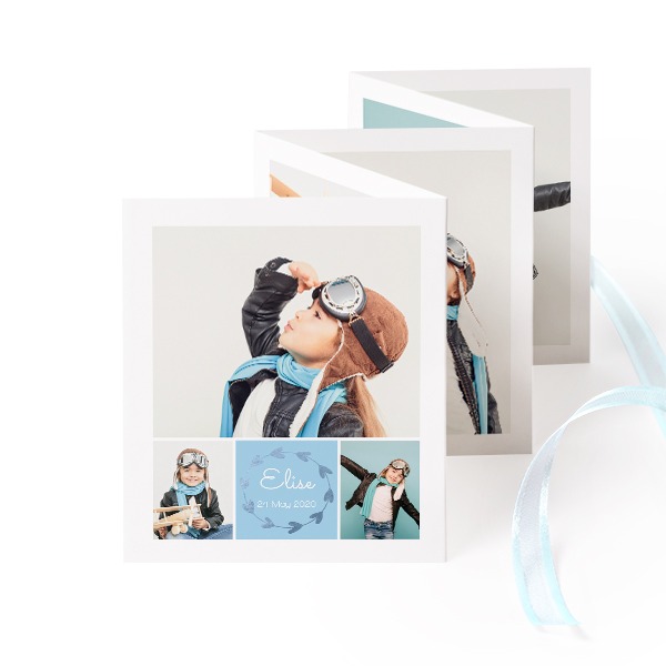 Fold out photo card Portrait blue ribbon  - set of 12 (7,1 x 8,8 cm)
