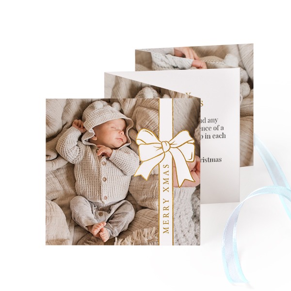 Fold out photo card Square Blue ribbon - set of 12 (8 x 8 cm)