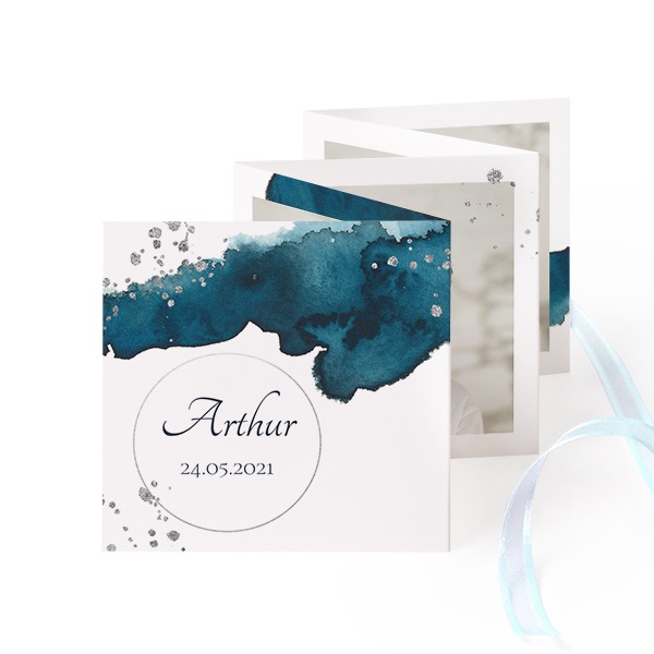 Fold out photo card Square Blue ribbon - set of 12 (8 x 8 cm)