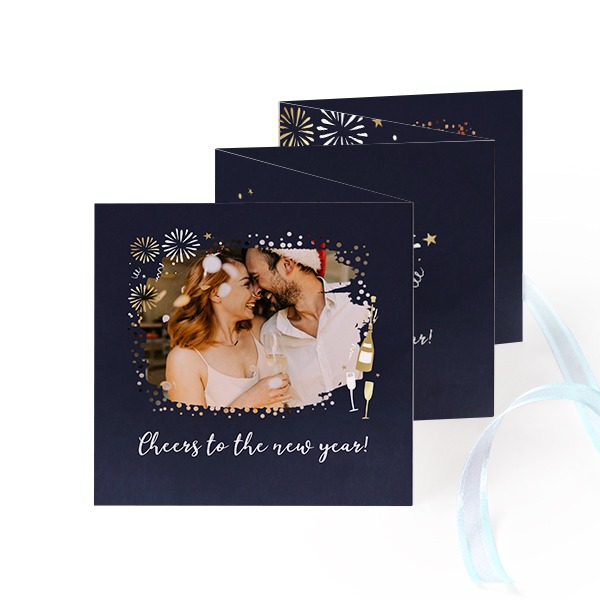 Fold out photo card Square Blue ribbon - set of 12 (8 x 8 cm)