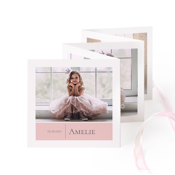 Carte portfolio Carré (lot de 12) ruban rose (8 x 8 cm)