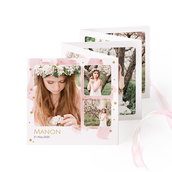 Portfoliokaart Vierkant (Set van 12) Roze lint (8 x 8 cm)