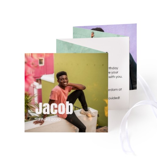 Fold out photo card Square White ribbon - set of 12 (8 x 8 cm)