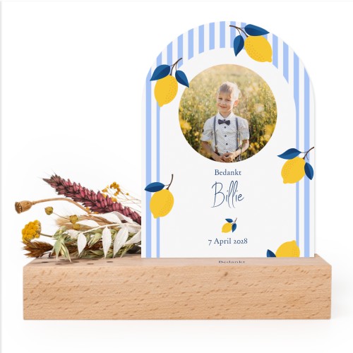 Forex kaart boog in houten houder met full color print en droogbloemen