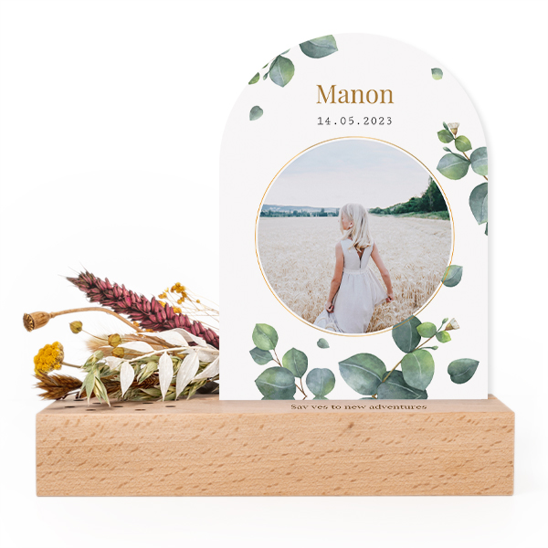 Forex kaart boog in houten houder met full color print en droogbloemen