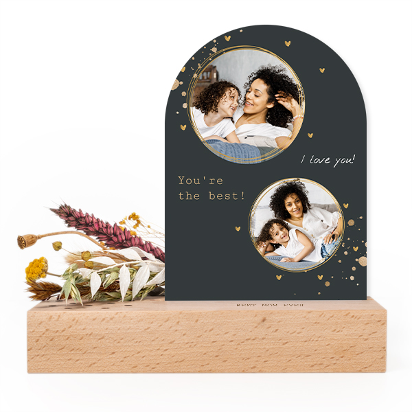 Forex kaart boog in houten houder met full color print en droogbloemen