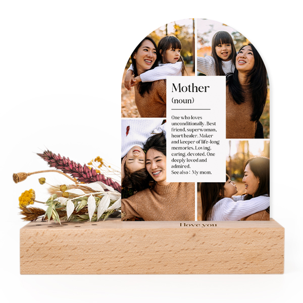 Forex kaart boog in houten houder met full color print en droogbloemen