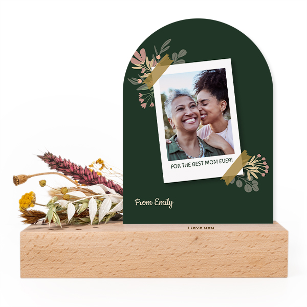 Forex kaart boog in houten houder met full color print en droogbloemen