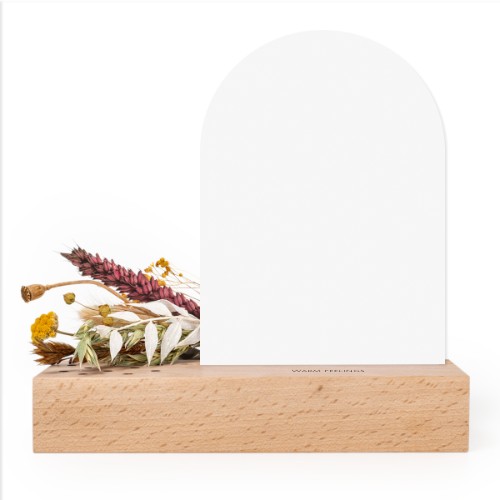 Forex kaart boog in houten houder met full color print en droogbloemen