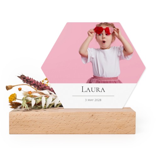 Forex kaart hexagon in houten houder met droogbloemen