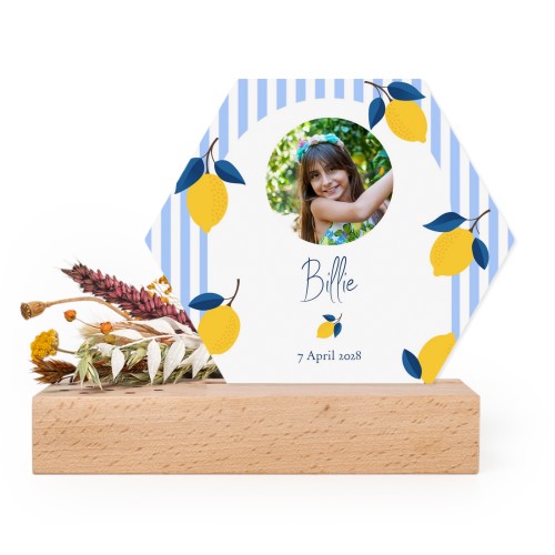 Hexagon forex kaart in houten staander met droogbloemen