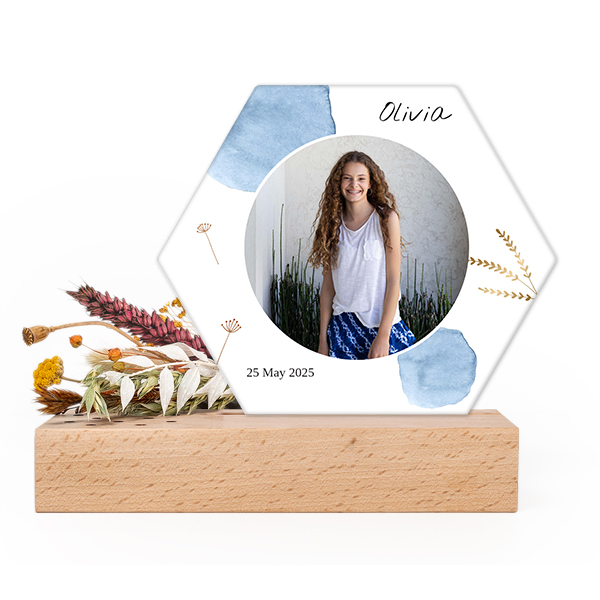 Forex luxe hexagone sur support en bois & fleurs séchées