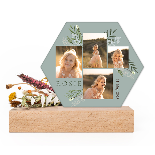 Forex luxe hexagone sur support en bois & fleurs séchées
