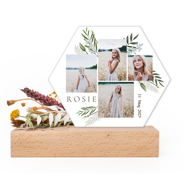 Forex luxe hexagone sur support en bois & fleurs séchées