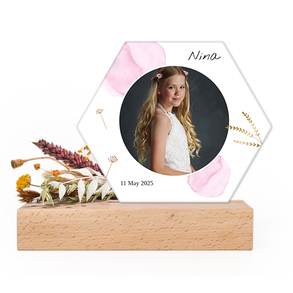 Forex luxe hexagone sur support en bois & fleurs séchées