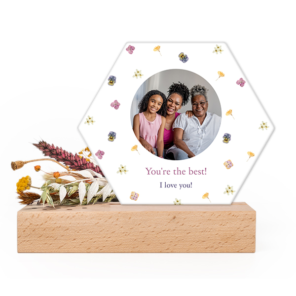 Forex luxe hexagone sur support en bois & fleurs séchées