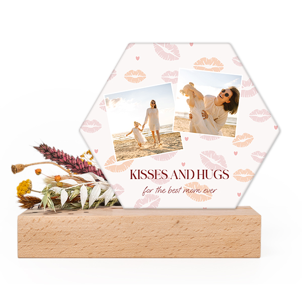 Forex kaart hexagon in houten houder met droogbloemen