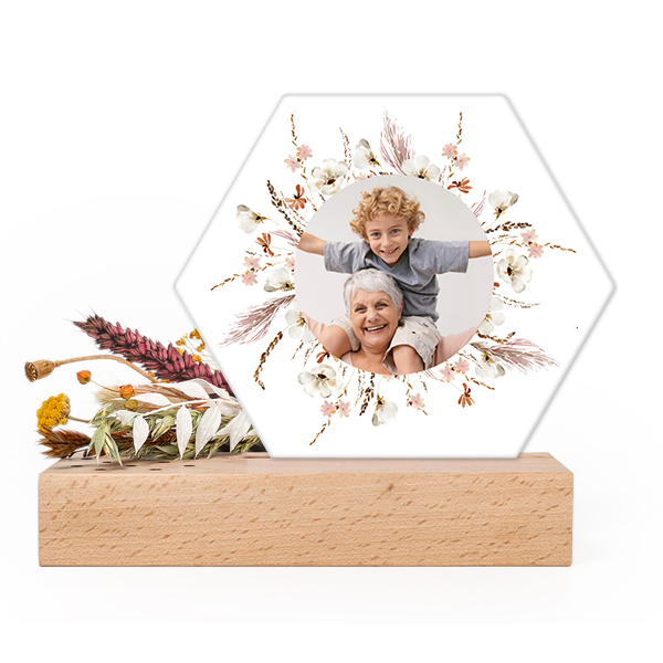 Forex luxe hexagone sur support en bois & fleurs séchées