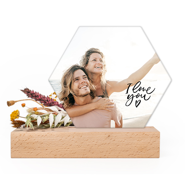 Forex-Karten Hexagon im Holzaufsteller & Trockenblumen