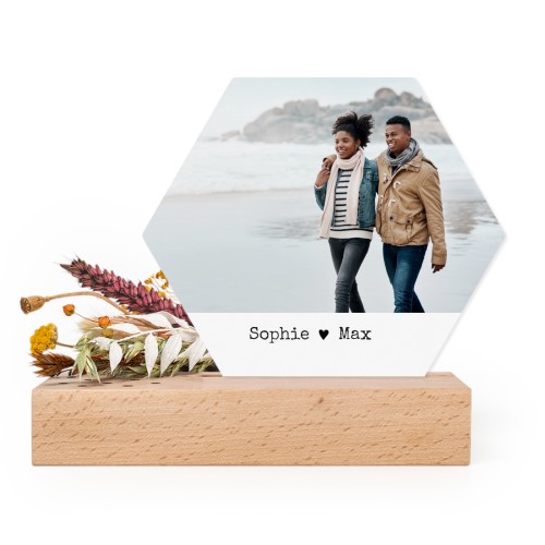 Forex kaart hexagon in houten houder met droogbloemen