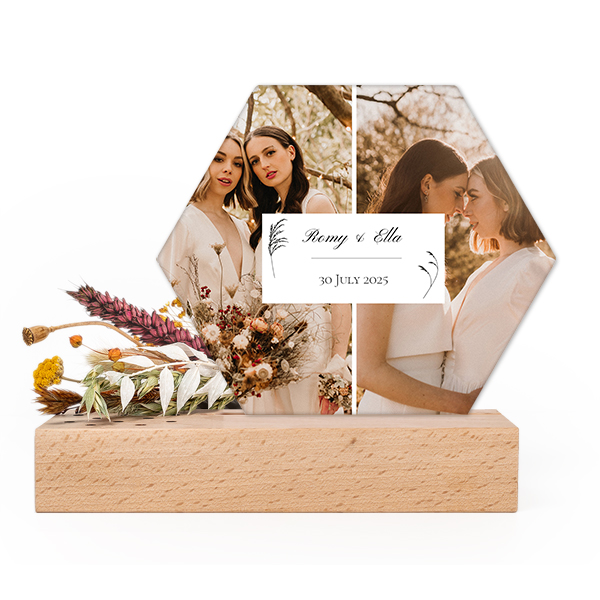 Forex luxe hexagone sur support en bois & fleurs séchées