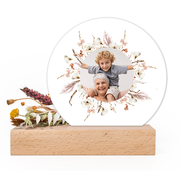 Forex luxe rond sur support en bois & fleurs séchées