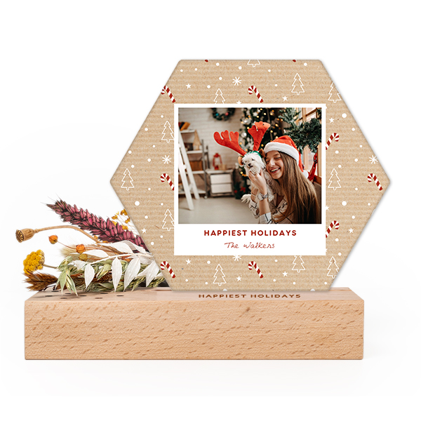 Forex luxe hexagone sur support en bois personnalisé & fleurs séchées