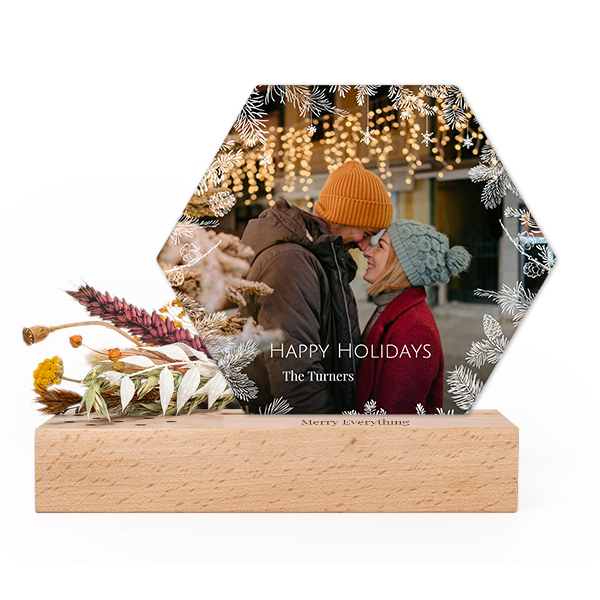 Forex luxe hexagone sur support en bois personnalisé & fleurs séchées