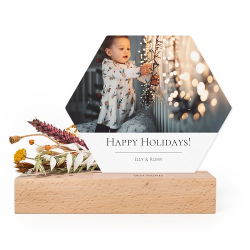 Wooden block with print, dried flowers and hexagonal forex card