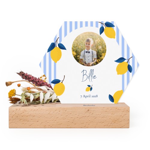 Forex kaart hexagon in houten houder met full color print en droogbloemen