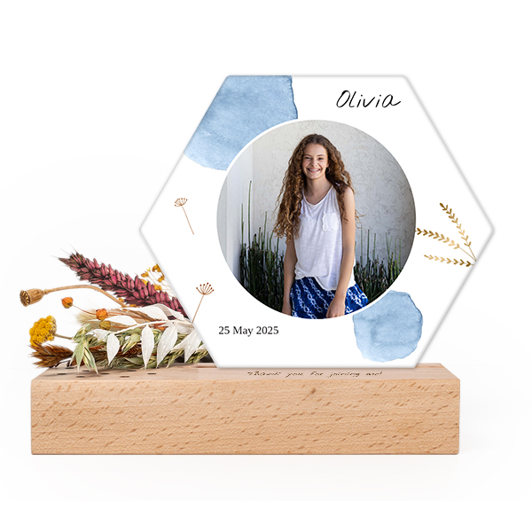 Forex luxe hexagone sur support en bois personnalisé & fleurs séchées