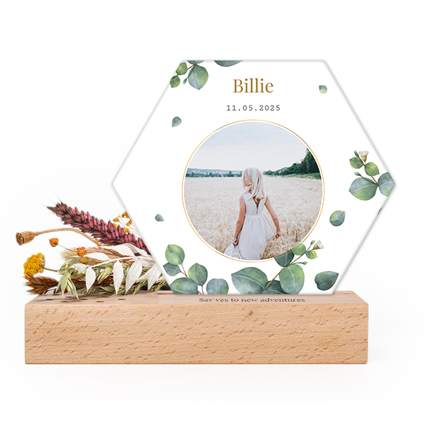 Forex luxe hexagone sur support en bois personnalisé & fleurs séchées