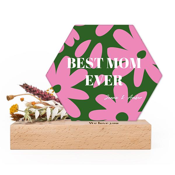 Forex kaart hexagon in houten houder met full color print en droogbloemen
