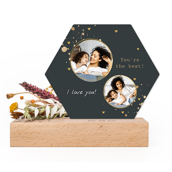 Forex luxe hexagone sur support en bois personnalisé & fleurs séchées