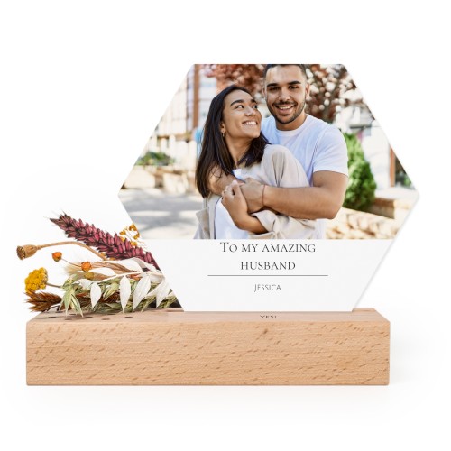 Forex luxe hexagone sur support en bois personnalisé & fleurs séchées