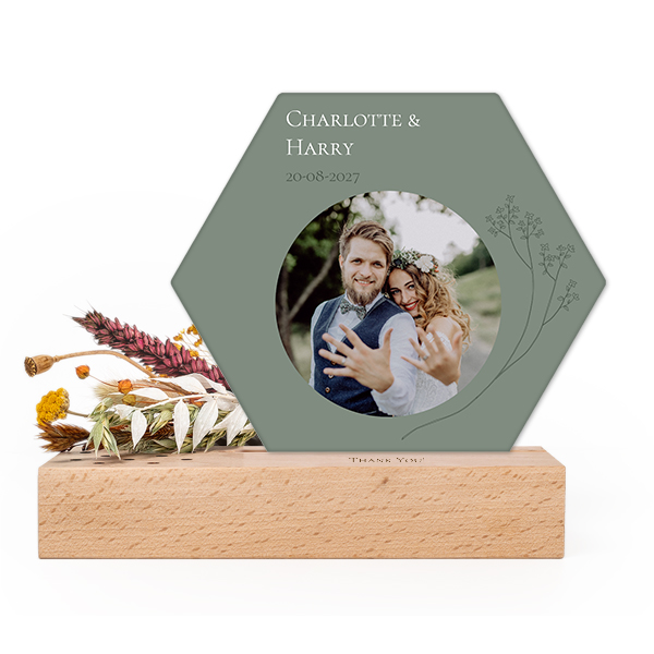 Forex luxe hexagone sur support en bois personnalisé & fleurs séchées