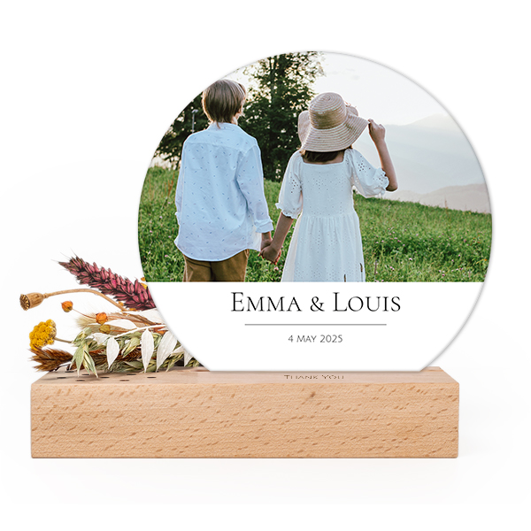 Forex luxe rond sur support en bois personnalisé & fleurs séchées Forex luxe rond sur support en bois personnalisé & fleurs séchées