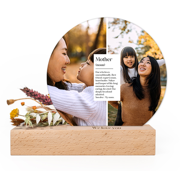 Forex kaart rond in houten houder met full color print en droogbloemen