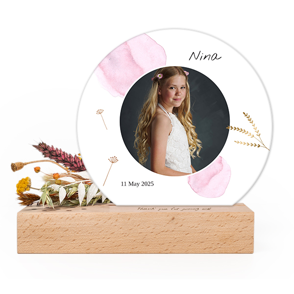 Forex kaart rond in houten houder met full color print en droogbloemen
