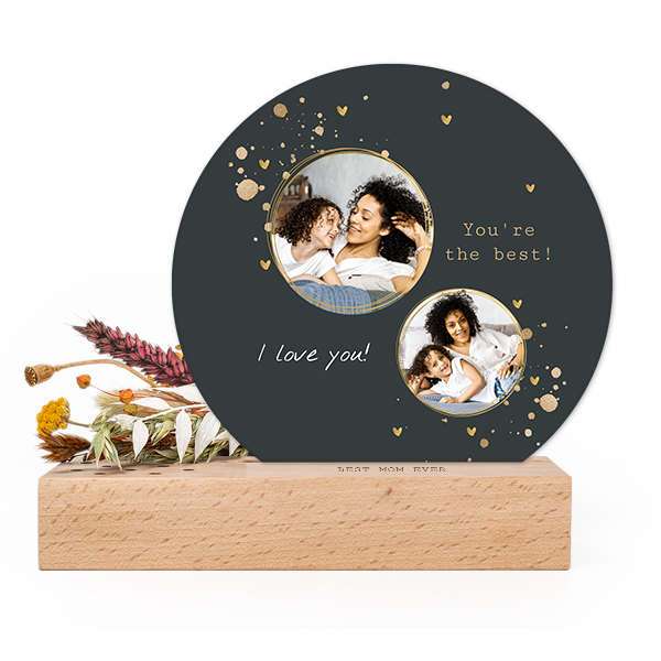 Forex kaart rond in houten houder met full color print en droogbloemen