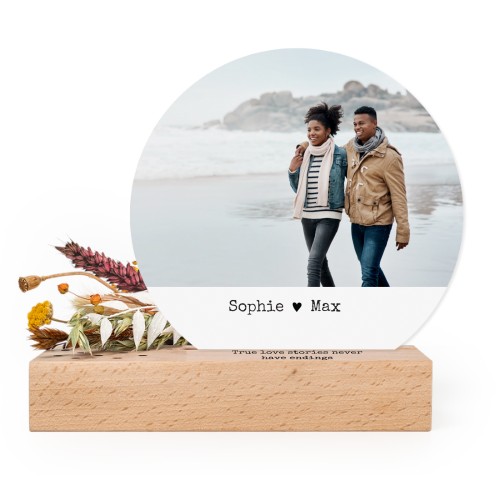 Forex kaart rond in houten houder met full color print en droogbloemen