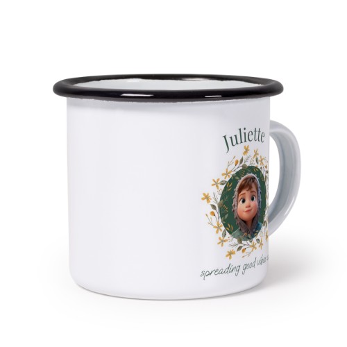 Emaille Tasse in Schwarz personalisiert mit KI-Filter