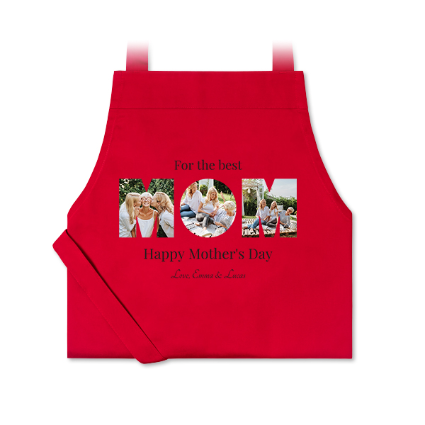 Personalised red apron with photo and text