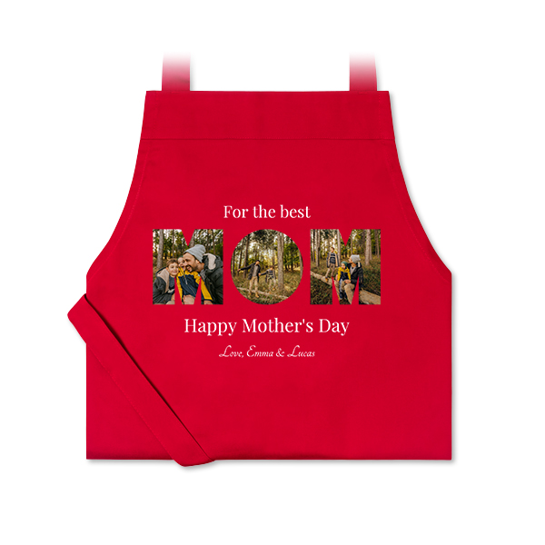 Personalised red apron with photo and text