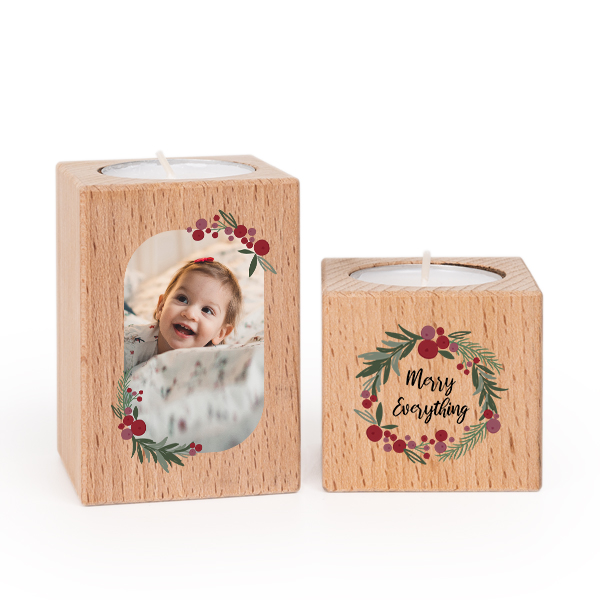 Houten kaarshouder met full colour print - Set van 2