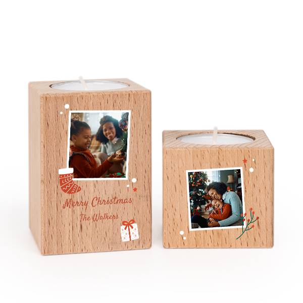 Houten kaarshouder met full colour print - Set van 2