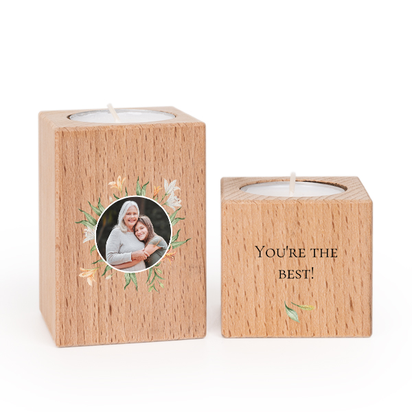 Houten kaarshouder met full colour print - Set van 2