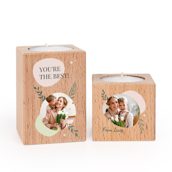 Houten kaarshouder met full colour print - Set van 2