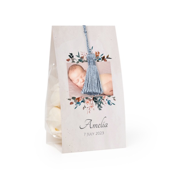 Godtepose med fotoomslag og sølvblå dusk - 12 stk