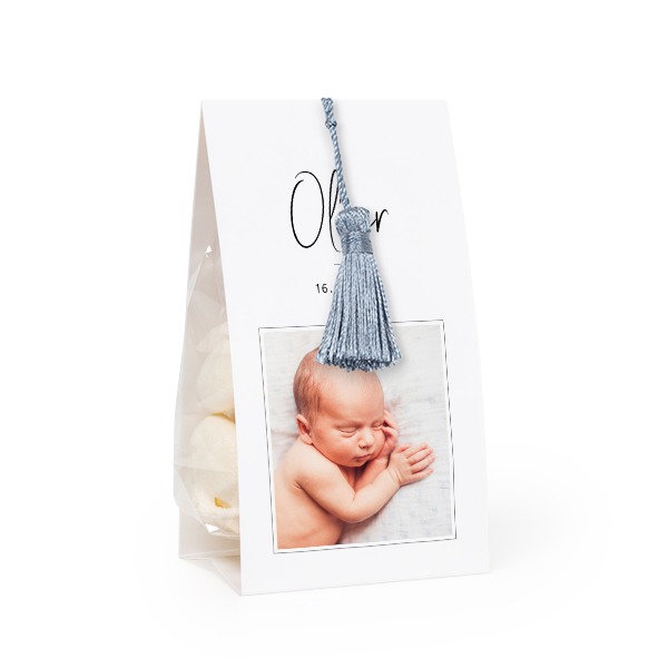 Godispåse med fotoomslag och silverblå tofs - 12 st